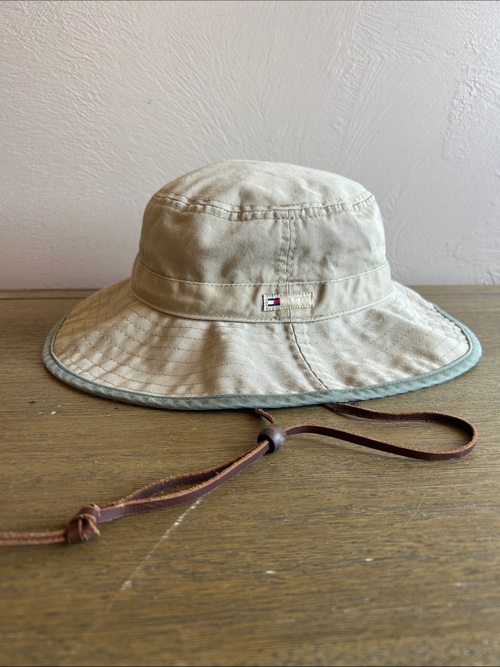 Vintage Tommy Hilfiger Boony Bucket Hat W/Leather Chin Strap. Tan Cotton Canvas.